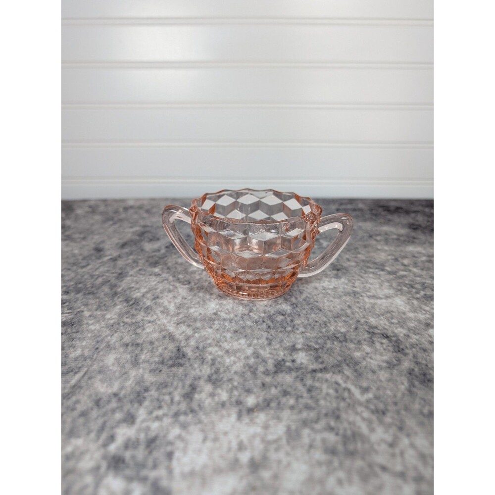 Vintage Jeanette Pink Depression Glass Handled Sugar Bowl  Cubist/Block Pattern